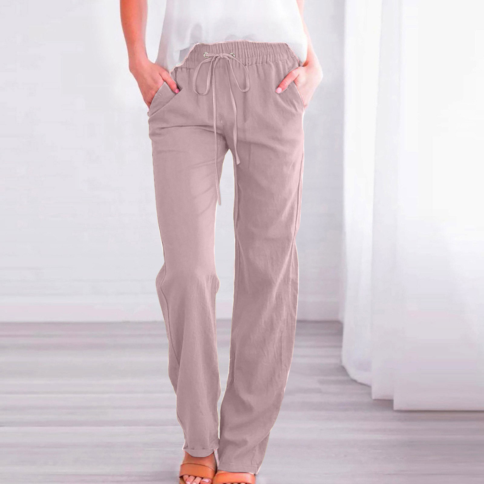 thumbnail image 2 of Pantalones de mujer de cintura alta y pierna ancha con cordón elástico - Poliéster, estilo informal, bolsillos - S-XXL, 2 of 6